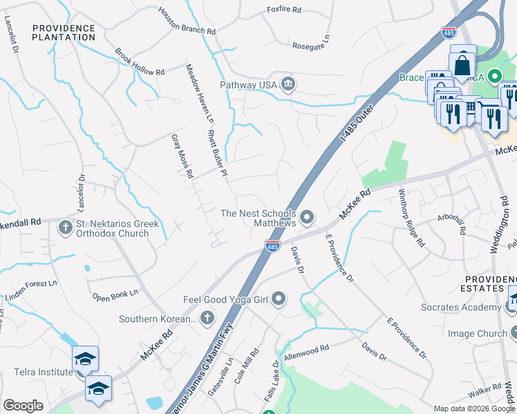 map of restaurants, bars, coffee shops, grocery stores, and more near 3418 Rhett Butler Place in Charlotte