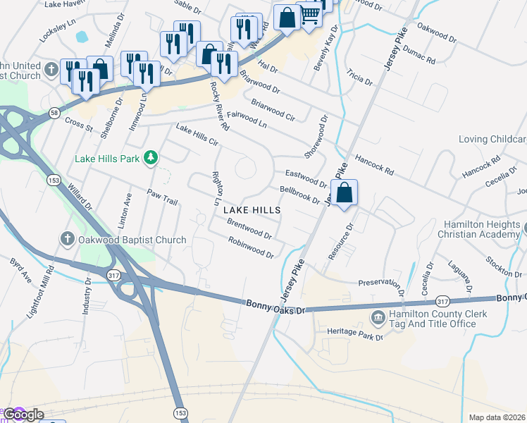 map of restaurants, bars, coffee shops, grocery stores, and more near 4605 Lockington Drive in Chattanooga
