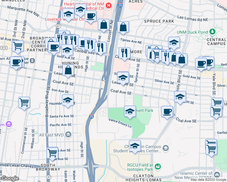 map of restaurants, bars, coffee shops, grocery stores, and more near 488 Oak Street Southeast in Albuquerque