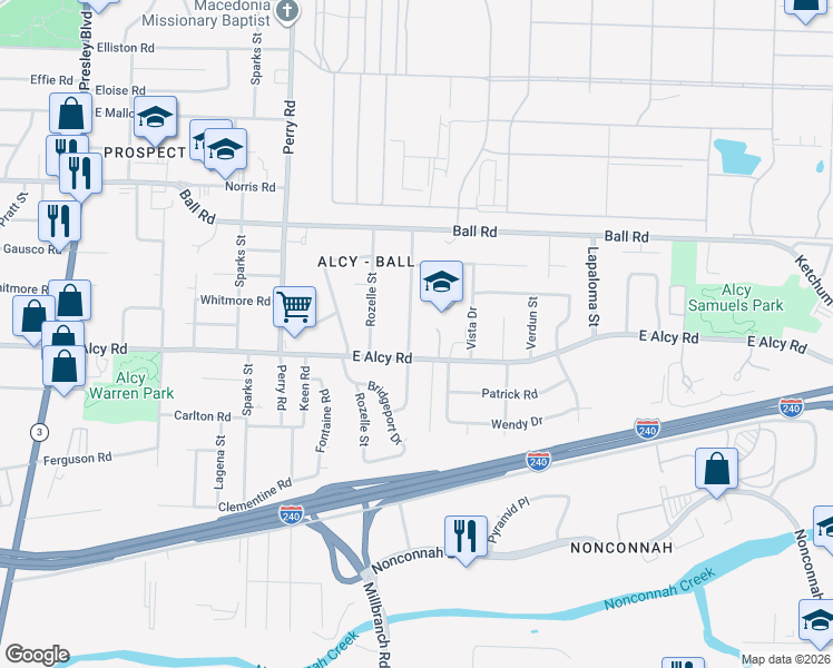 map of restaurants, bars, coffee shops, grocery stores, and more near 2423 Manchester Road in Memphis