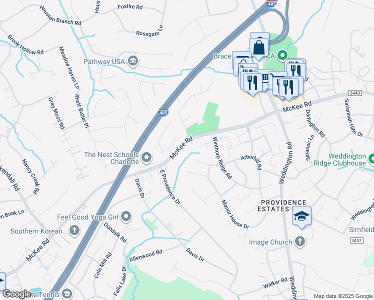 map of restaurants, bars, coffee shops, grocery stores, and more near 2913 McKee Road in Charlotte