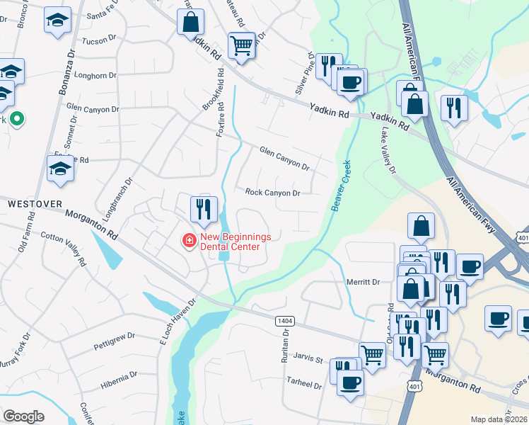 map of restaurants, bars, coffee shops, grocery stores, and more near 259 Waterdown Drive in Fayetteville