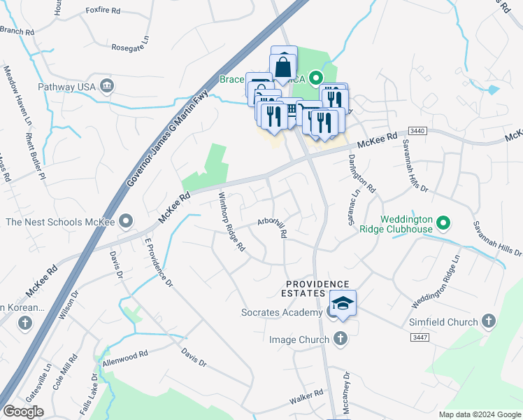 map of restaurants, bars, coffee shops, grocery stores, and more near 3246 Mannington Drive in Charlotte