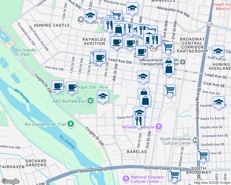 map of restaurants, bars, coffee shops, grocery stores, and more near 709 8th Street Southwest in Albuquerque