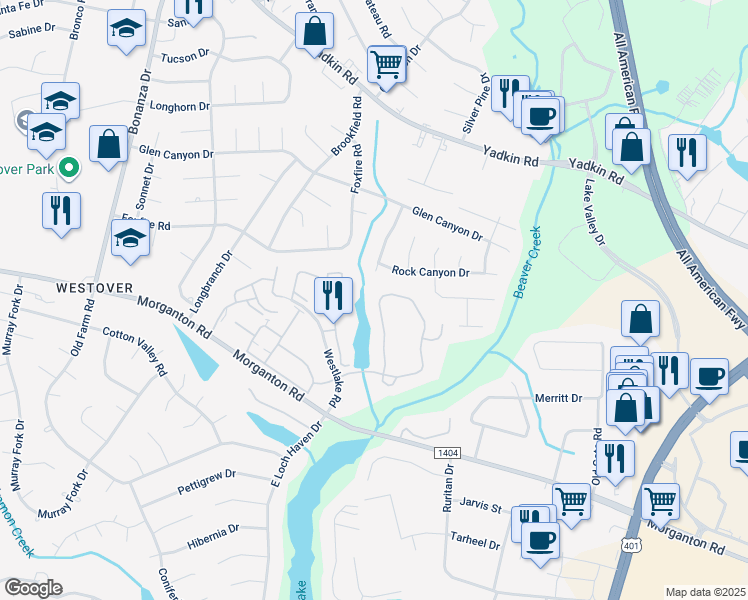 map of restaurants, bars, coffee shops, grocery stores, and more near 233 Waterdown Drive in Fayetteville