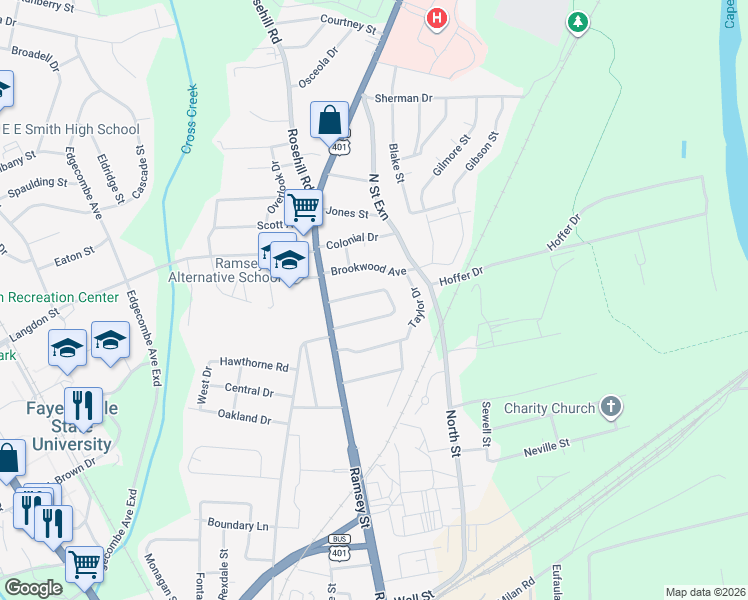 map of restaurants, bars, coffee shops, grocery stores, and more near 140 Kensington Circle in Fayetteville