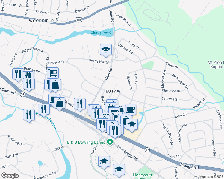 map of restaurants, bars, coffee shops, grocery stores, and more near 1002 Cain Road in Fayetteville