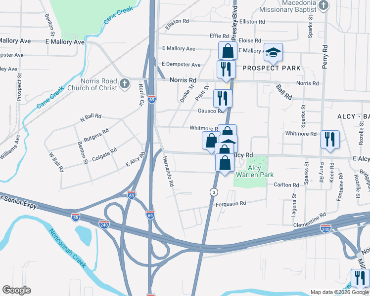 map of restaurants, bars, coffee shops, grocery stores, and more near 1208 East Alcy Road in Memphis