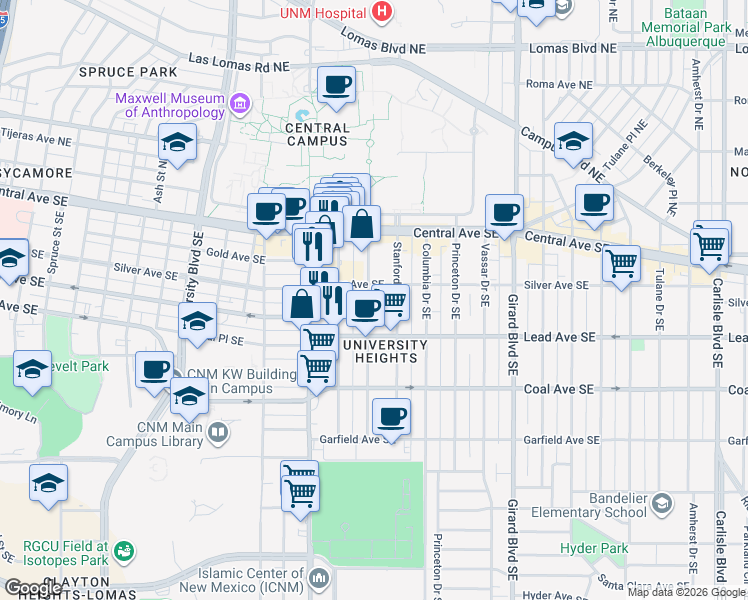 map of restaurants, bars, coffee shops, grocery stores, and more near 2312 Silver Avenue Southeast in Albuquerque