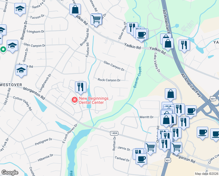 map of restaurants, bars, coffee shops, grocery stores, and more near 259 Waterdown Drive in Fayetteville