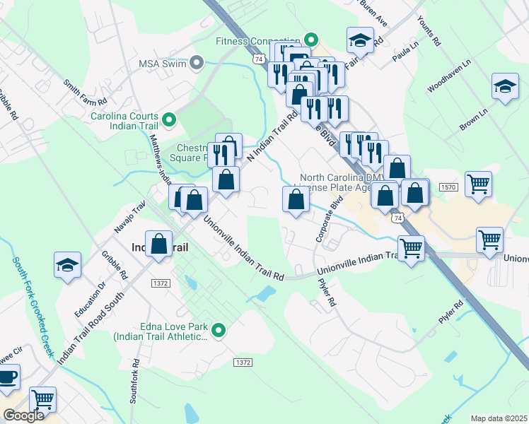 map of restaurants, bars, coffee shops, grocery stores, and more near 318 Glenridge Court in Indian Trail