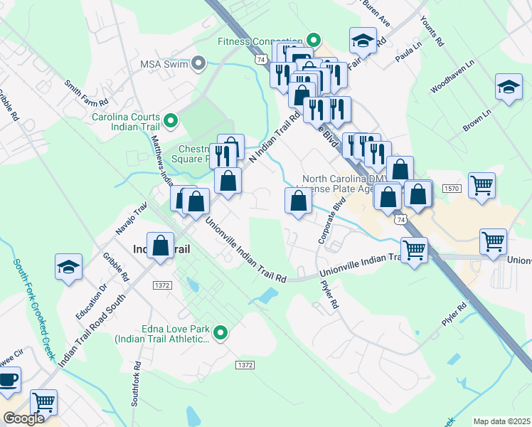 map of restaurants, bars, coffee shops, grocery stores, and more near 318 Glenridge Court in Indian Trail