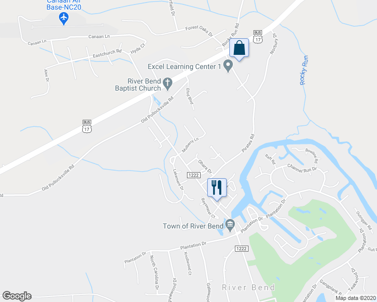 map of restaurants, bars, coffee shops, grocery stores, and more near 5 Mulberry Lane in New Bern