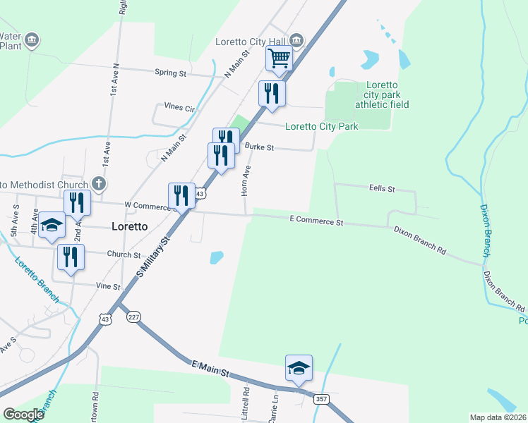 map of restaurants, bars, coffee shops, grocery stores, and more near 203 Dixon Branch Road in Loretto