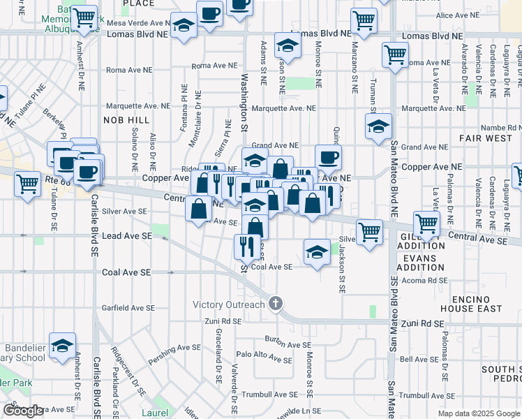 map of restaurants, bars, coffee shops, grocery stores, and more near Adams St SE & Adams St NE in Albuquerque