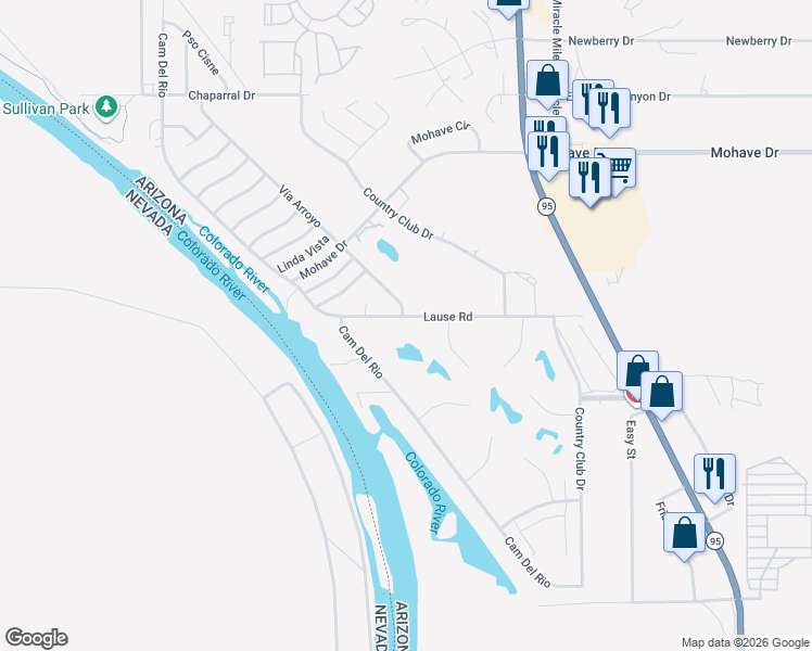 map of restaurants, bars, coffee shops, grocery stores, and more near 1261 Lause Road in Bullhead City