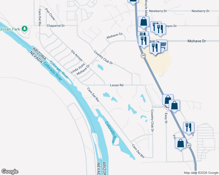 map of restaurants, bars, coffee shops, grocery stores, and more near 1341 Lause Rd in Bullhead City