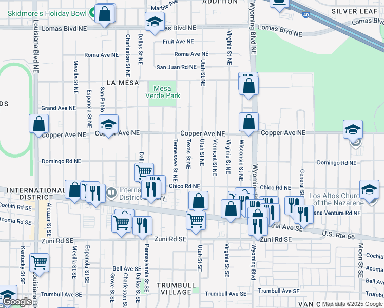 map of restaurants, bars, coffee shops, grocery stores, and more near 324 Texas Street Northeast in Albuquerque