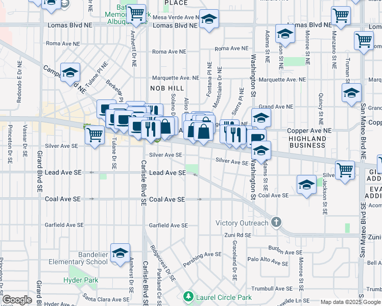 map of restaurants, bars, coffee shops, grocery stores, and more near 3902 Central Avenue Northeast in Albuquerque