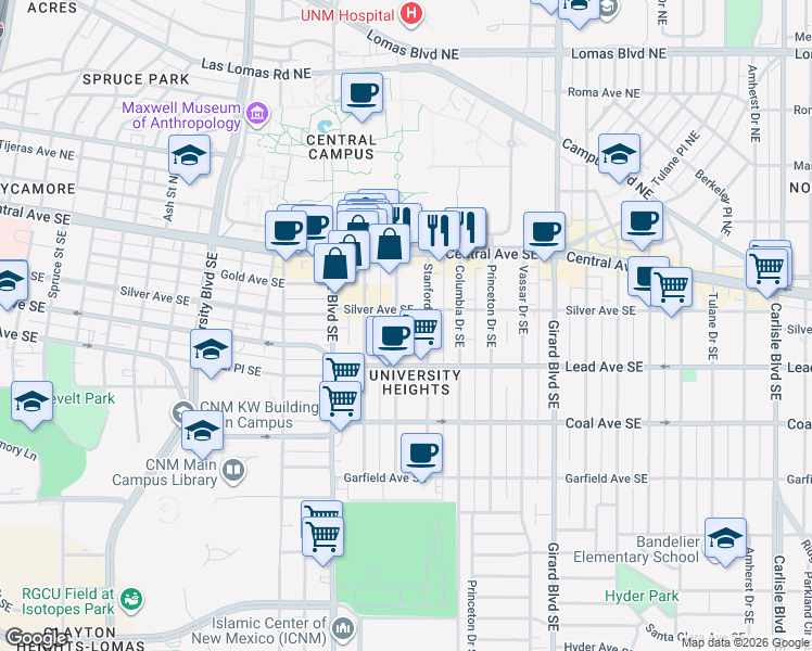 map of restaurants, bars, coffee shops, grocery stores, and more near in Albuquerque
