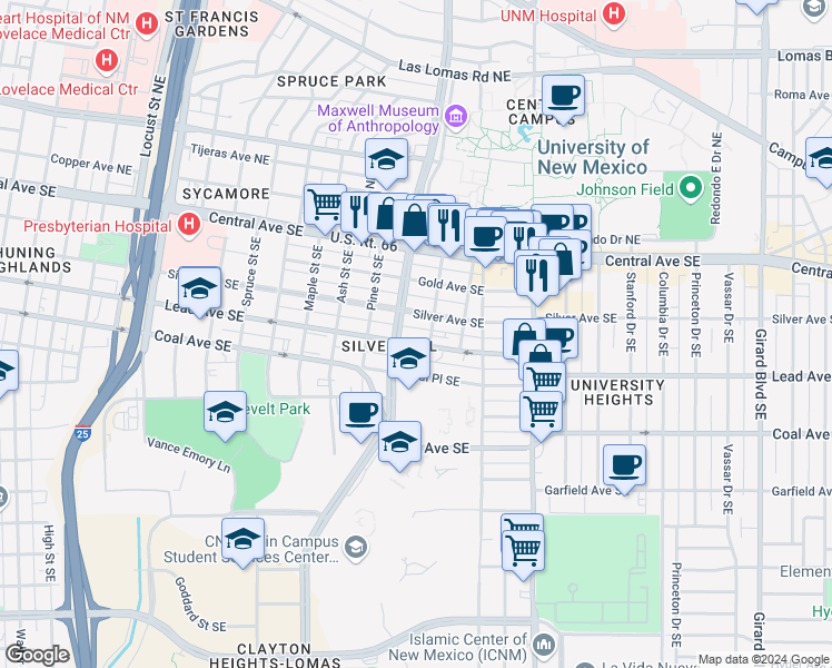 map of restaurants, bars, coffee shops, grocery stores, and more near 1824 Silver Avenue Southeast in Albuquerque