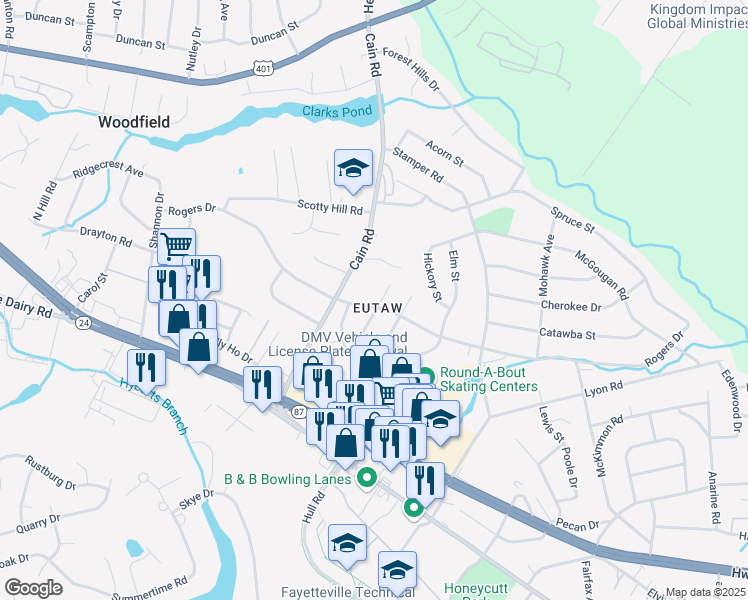 map of restaurants, bars, coffee shops, grocery stores, and more near 1002 Cain Road in Fayetteville