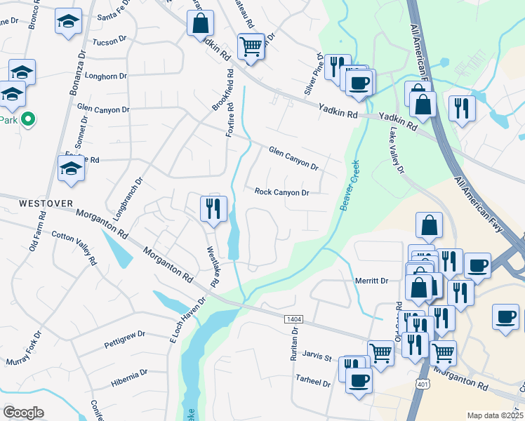 map of restaurants, bars, coffee shops, grocery stores, and more near 259 Waterdown Drive in Fayetteville