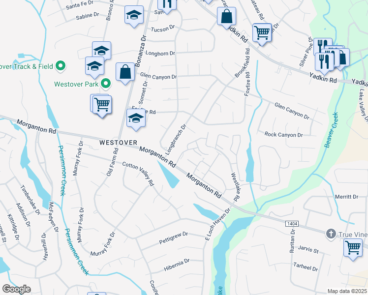 map of restaurants, bars, coffee shops, grocery stores, and more near 5614 Netherfield Place in Fayetteville