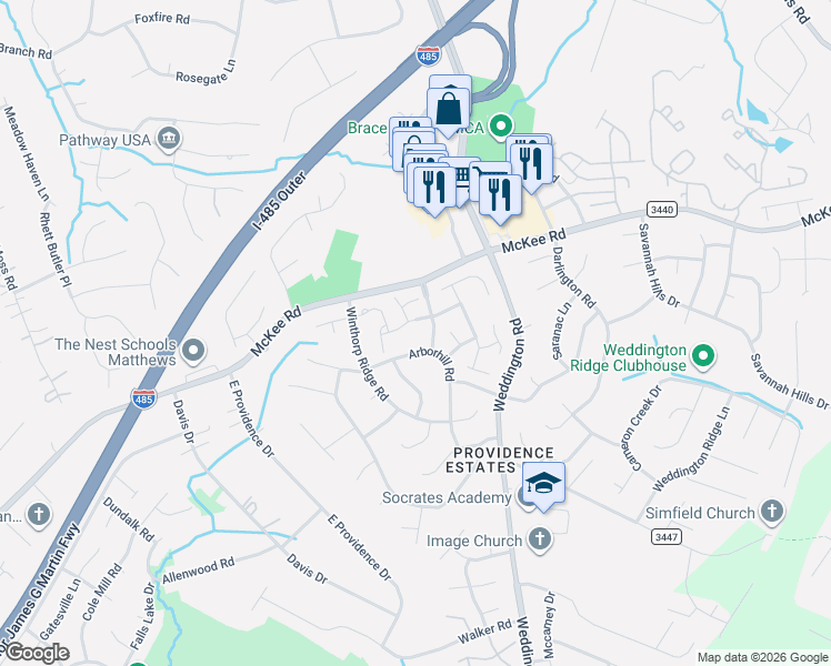 map of restaurants, bars, coffee shops, grocery stores, and more near 3232 Mannington Drive in Charlotte