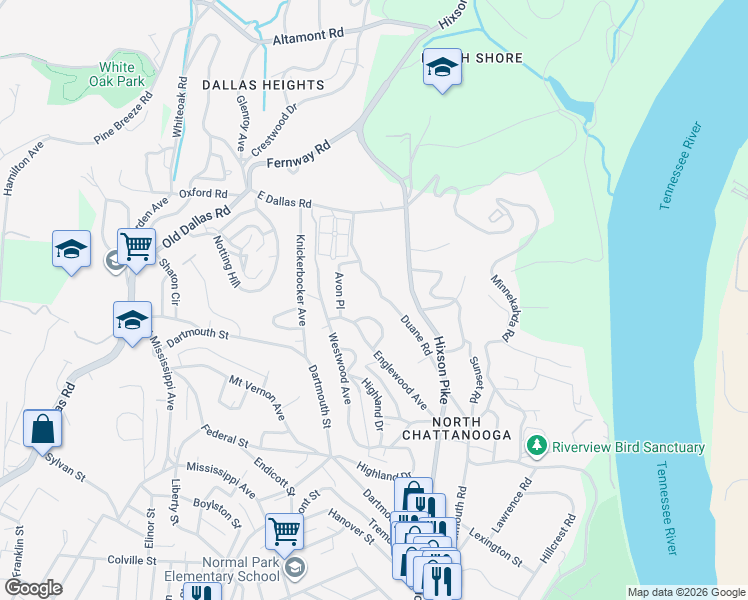 map of restaurants, bars, coffee shops, grocery stores, and more near 1242 Duane Road in Chattanooga