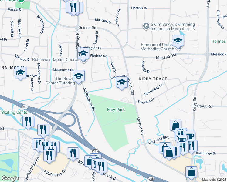 map of restaurants, bars, coffee shops, grocery stores, and more near 6333 Quince Road in Memphis