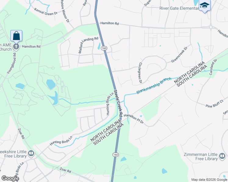 map of restaurants, bars, coffee shops, grocery stores, and more near 12206 Hunting Birds Lane in Charlotte