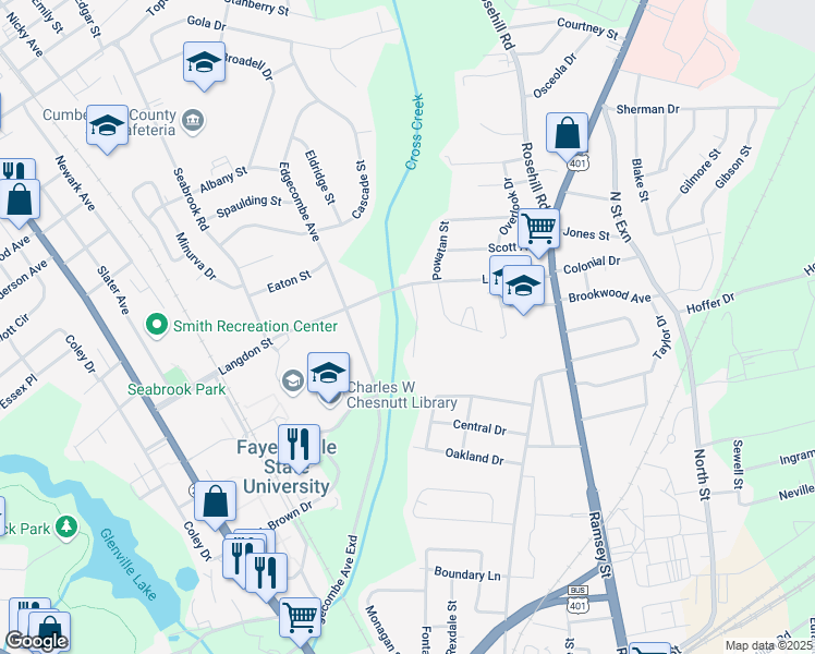 map of restaurants, bars, coffee shops, grocery stores, and more near 1507 Howell Street in Fayetteville