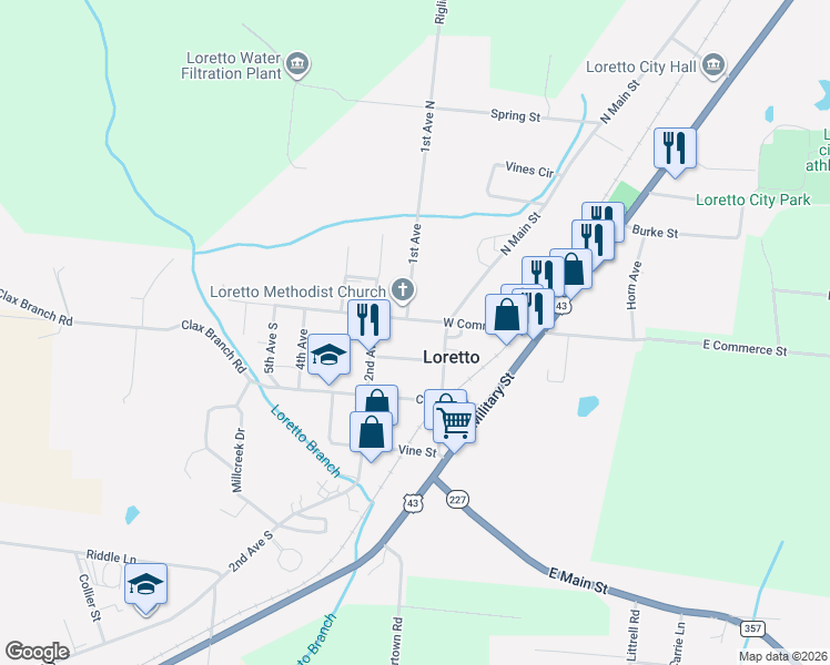 map of restaurants, bars, coffee shops, grocery stores, and more near 111 West Commerce Street in Loretto