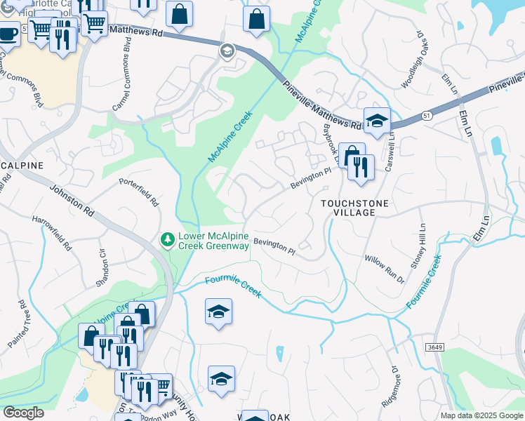 map of restaurants, bars, coffee shops, grocery stores, and more near 9203 Brechin Drive in Charlotte