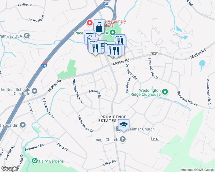 map of restaurants, bars, coffee shops, grocery stores, and more near 2119 McKenzie Creek Drive in Charlotte