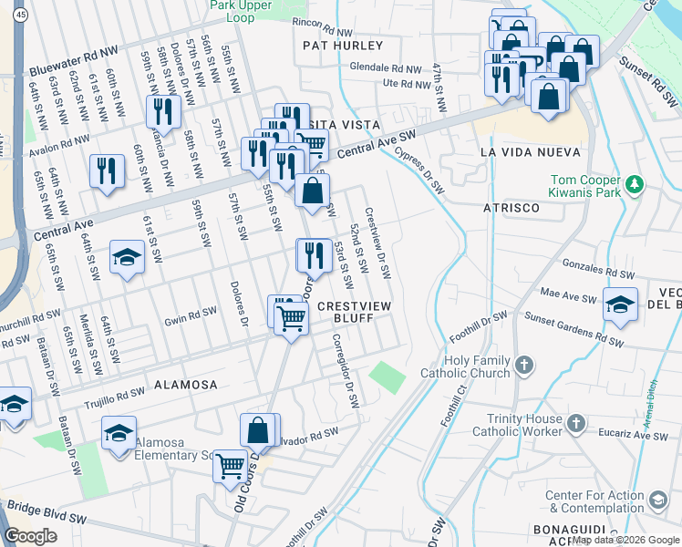 map of restaurants, bars, coffee shops, grocery stores, and more near 501 53rd Street Southwest in Albuquerque