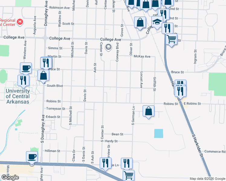 map of restaurants, bars, coffee shops, grocery stores, and more near 1521 South Boulevard in Conway