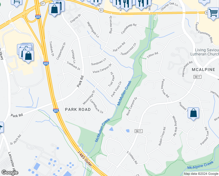 map of restaurants, bars, coffee shops, grocery stores, and more near 8212 Trail View Drive in Charlotte