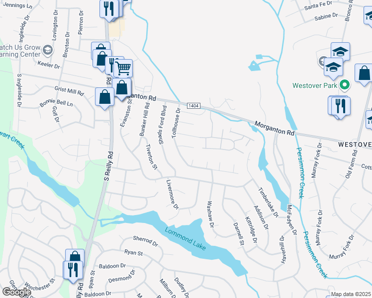 map of restaurants, bars, coffee shops, grocery stores, and more near 6325 Fox Glen Drive in Fayetteville