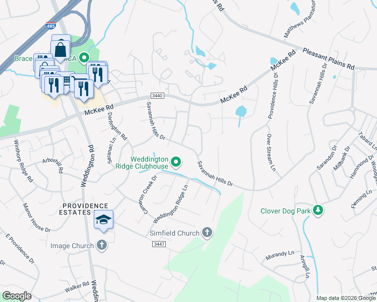 map of restaurants, bars, coffee shops, grocery stores, and more near 2211 Savannah Hills Drive in Matthews