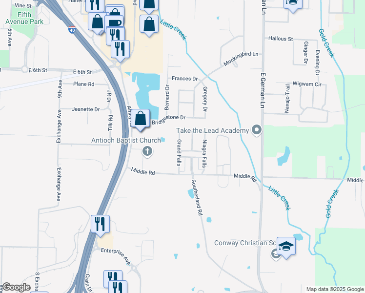 map of restaurants, bars, coffee shops, grocery stores, and more near 240 Grand Falls in Conway