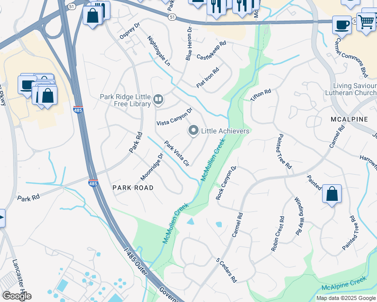 map of restaurants, bars, coffee shops, grocery stores, and more near 8212 Trail View Drive in Charlotte