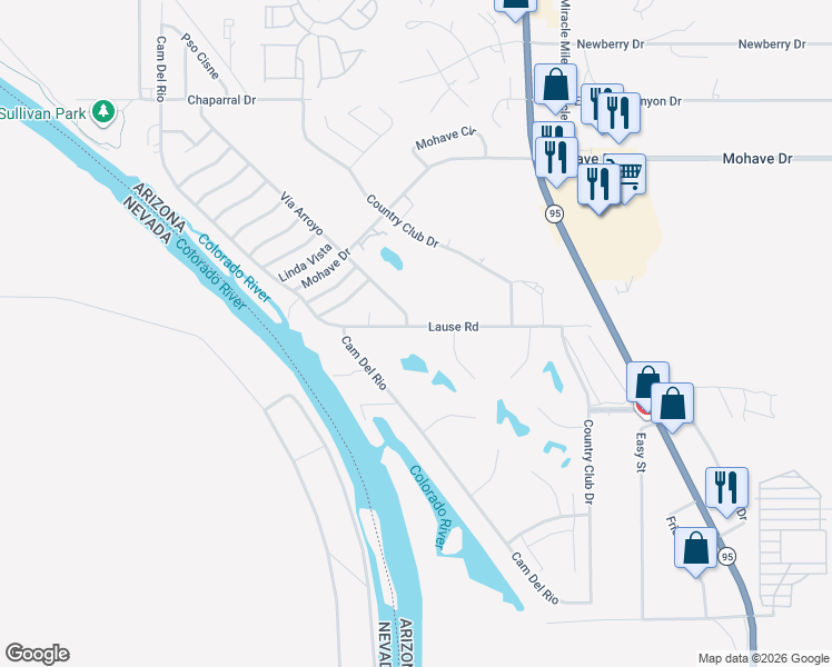 map of restaurants, bars, coffee shops, grocery stores, and more near 1341 Lause Rd in Bullhead City