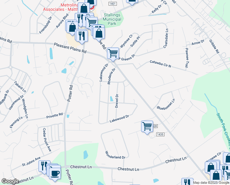 map of restaurants, bars, coffee shops, grocery stores, and more near 400 Drexel Drive in Matthews