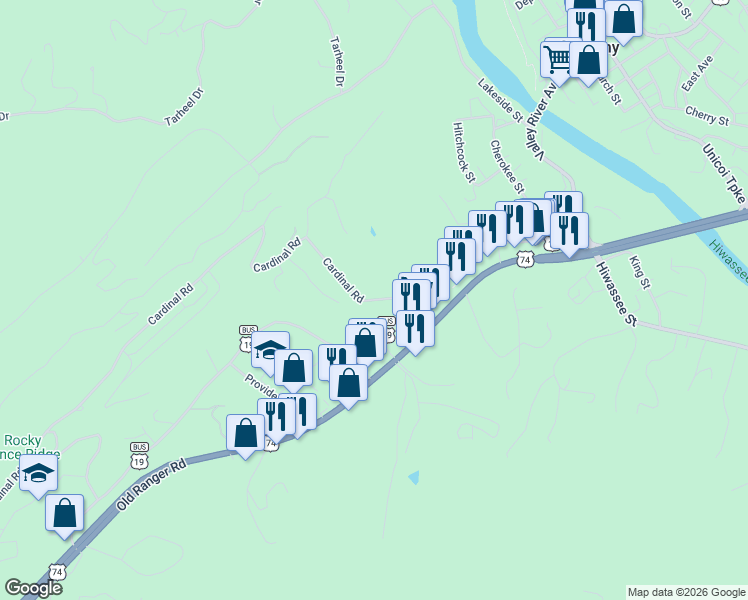 map of restaurants, bars, coffee shops, grocery stores, and more near 420 Old Ranger Road in Murphy