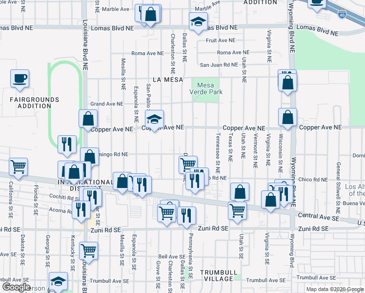 map of restaurants, bars, coffee shops, grocery stores, and more near 321 Dallas Street Northeast in Albuquerque
