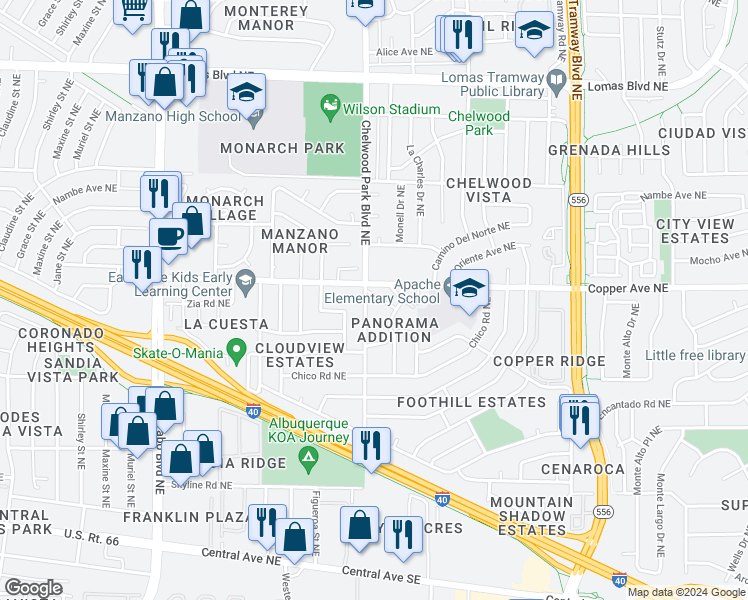 map of restaurants, bars, coffee shops, grocery stores, and more near in Albuquerque