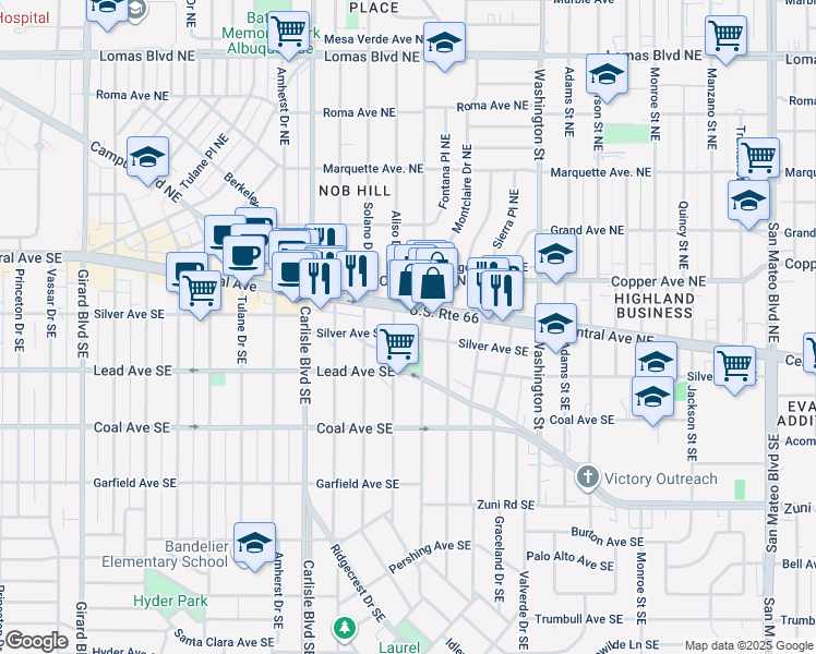map of restaurants, bars, coffee shops, grocery stores, and more near 3902 Central Avenue Northeast in Albuquerque