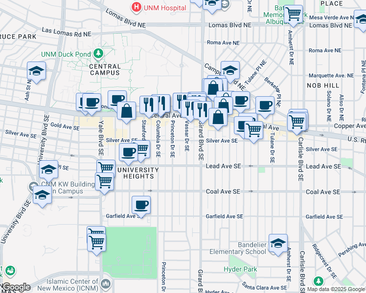 map of restaurants, bars, coffee shops, grocery stores, and more near 200 Princeton Drive Southeast in Albuquerque
